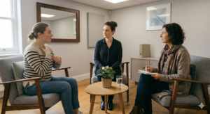 A Deaf patient is expressing their views in sign language, with an interpreter and clinician present. The clinician is taking notes.